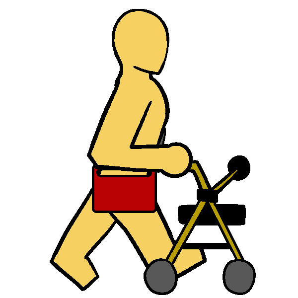 A yellow thin person with a yellow rollator and a red AAC device on a shoulder strap walking.